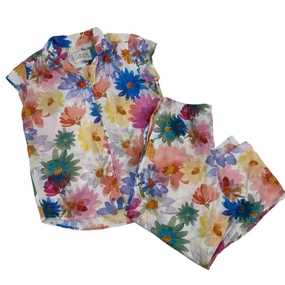 The Cats Pajamas Womens Small Colorful Pajama Set Floral Print Top And Crop Pant - Picture 1 of 15